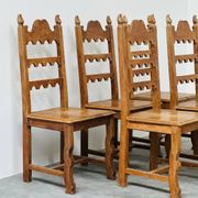 Set of 6 vintage solid oak high-back dining chairs – rustic European / Spanish revival