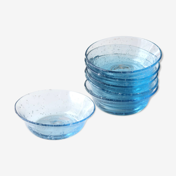 Six dessert cups in blue bubble glass from Biot, 70s