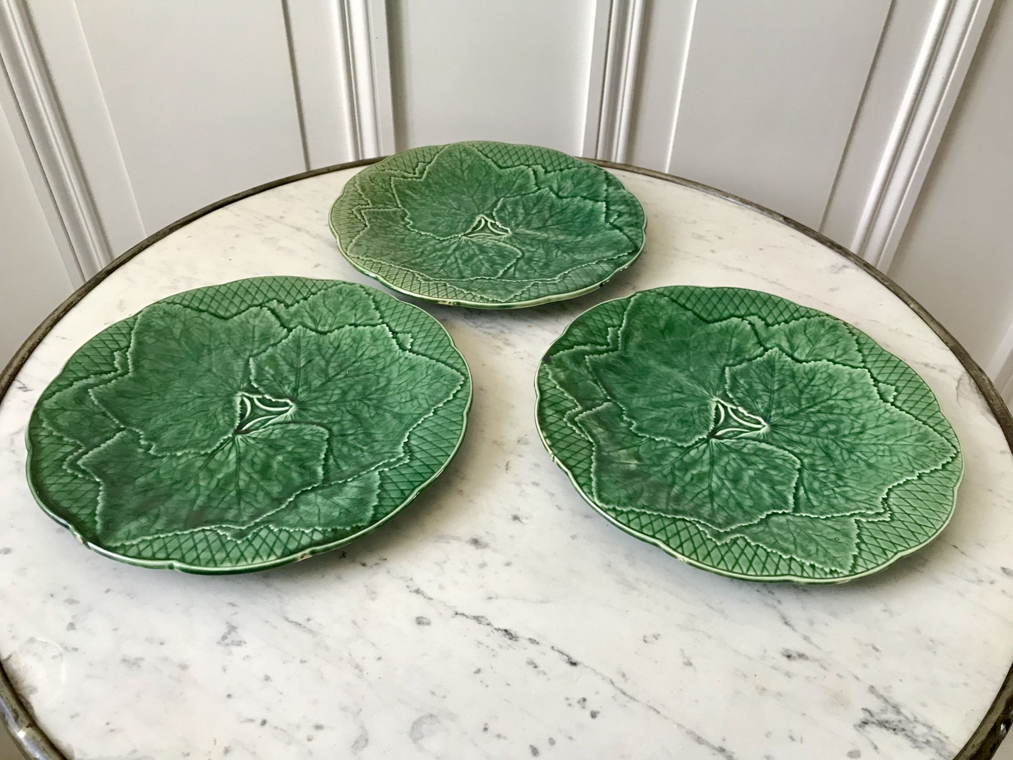 Trio of dessert plates gien model leaves in slip 50s