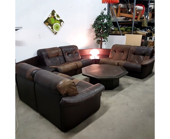 Custom U Shaped Leather And Wood Sofa Set With Coffee Table 1970s Selency Custom U Shaped Leather And Wood Sofa, Leather And Wood Sofa