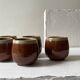 Service of 6 coffee cups in handcrafted glazed ceramic, amber brown, 1970.