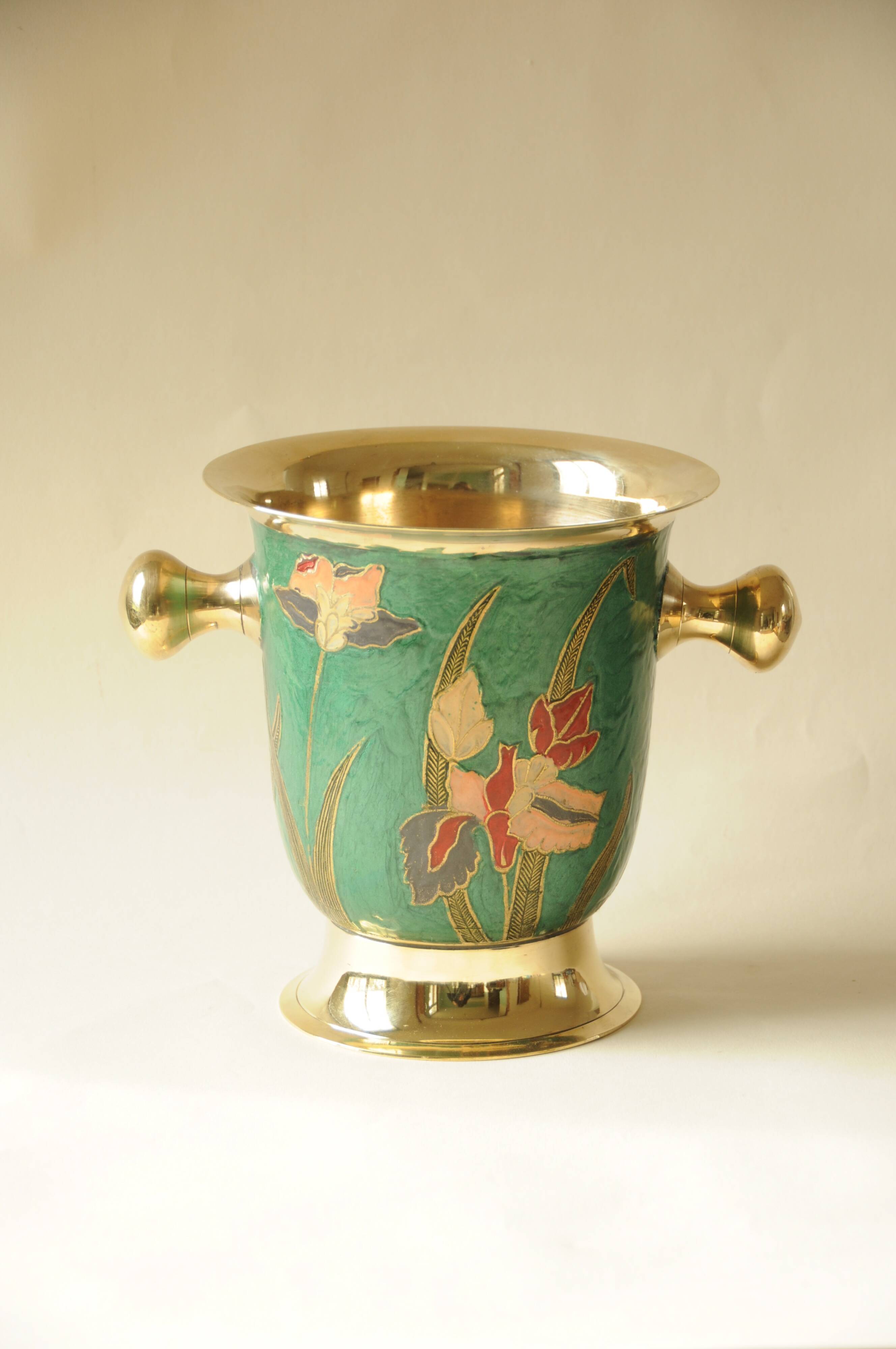Champagne Bucket / Vintage Ice Bucket in Enamelled Brass with Flower Design