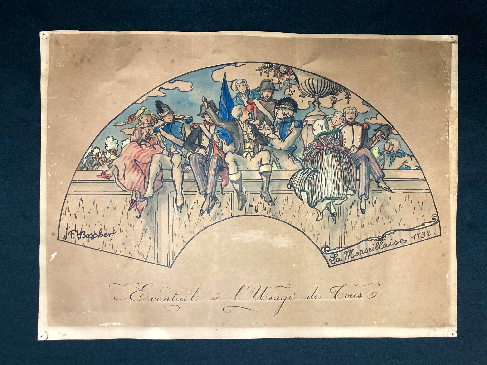 Boscher (Jean-Édouard), watercolor fan project, La Marseillaise, early 20th century