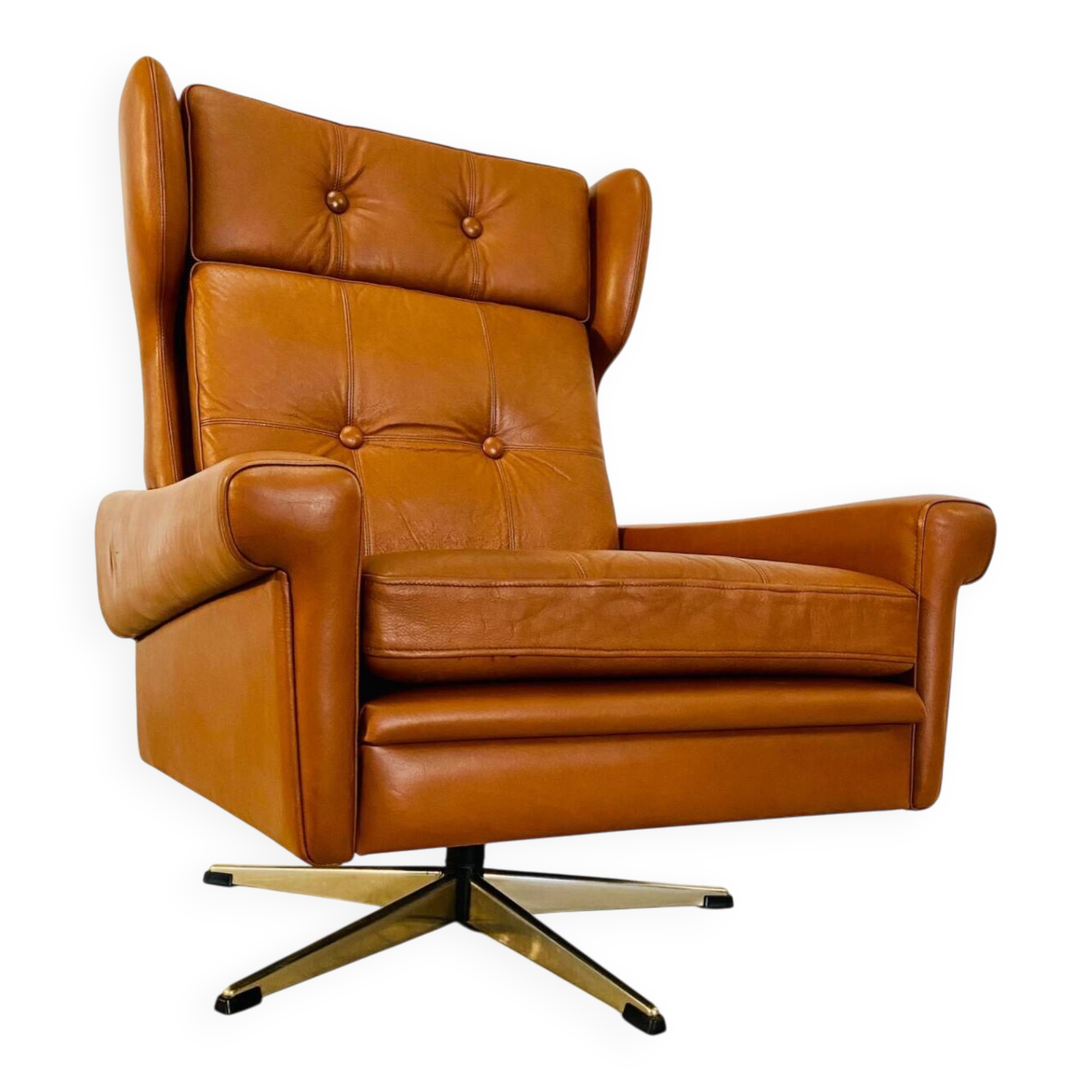 Chaise vintage danoise rétro du milieu du siècle Svend Skipper en cuir cognac des années 60