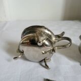 Ancien Saleron et Moutardier en Métal Argenté et Verre Bleu