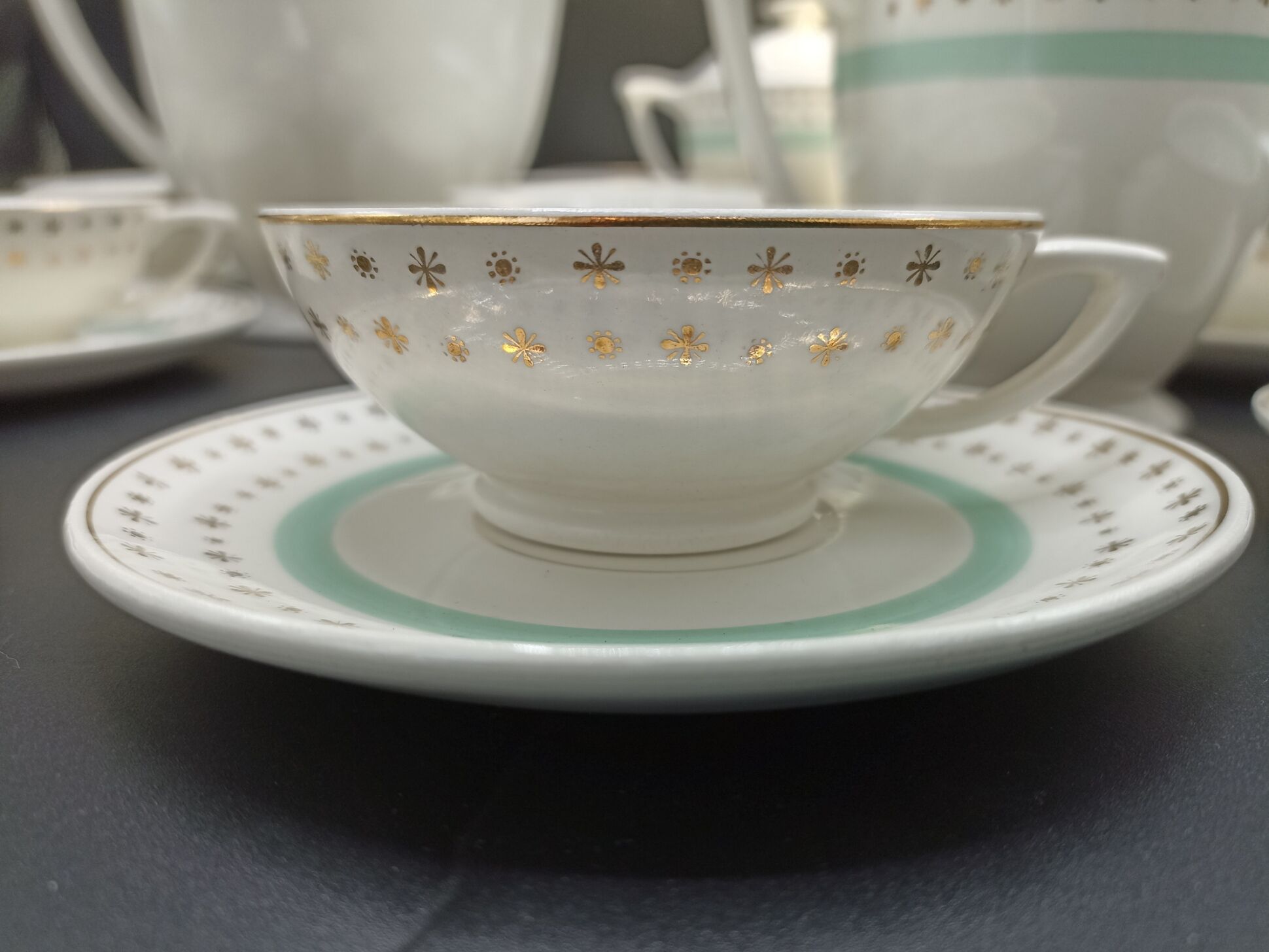 Tea set stars and mint green in semi-porcelain
