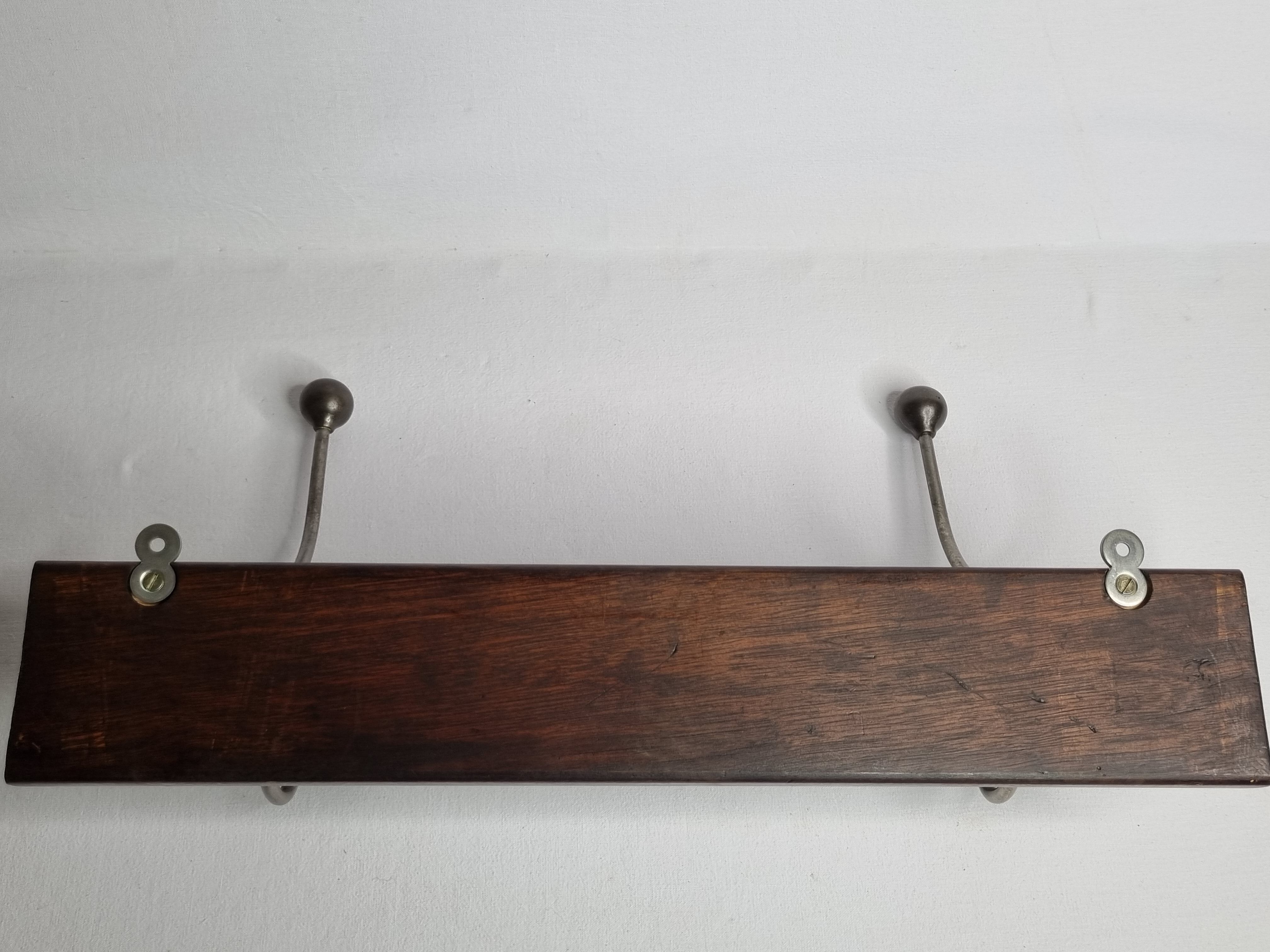 Wall coat rack, two double hooks, steel and wood, 50 cm