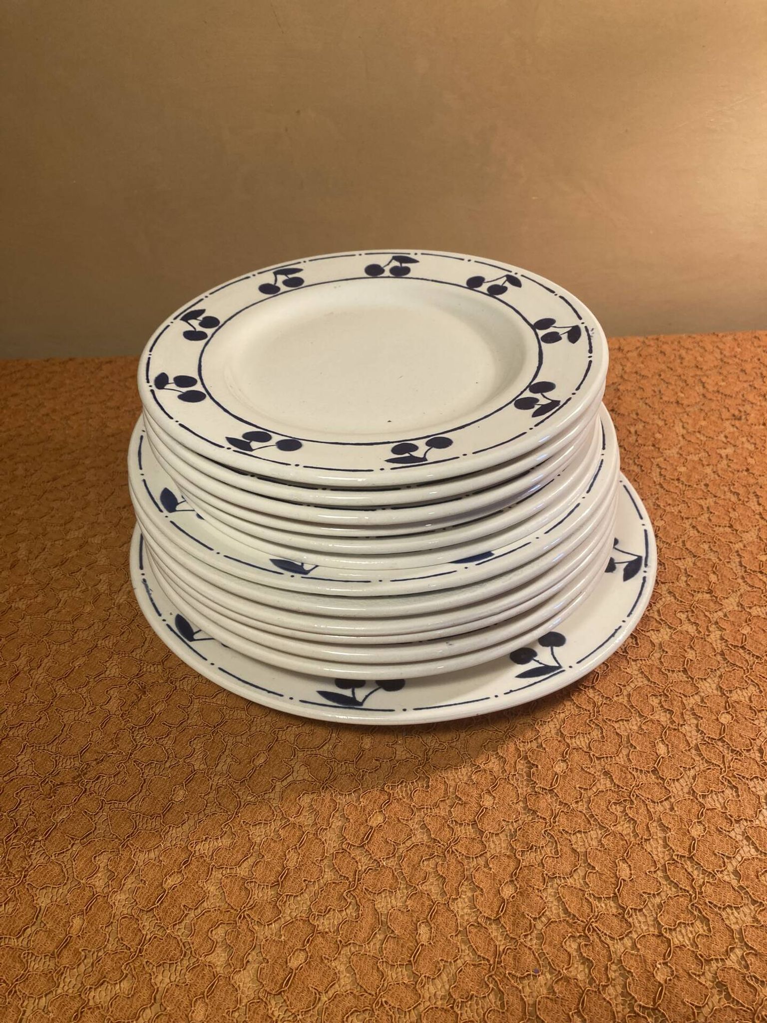 13 plates Longchamp pottery cobalt blue cherries