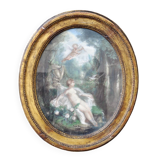 18th century oval pastel on canvas paper, country scene