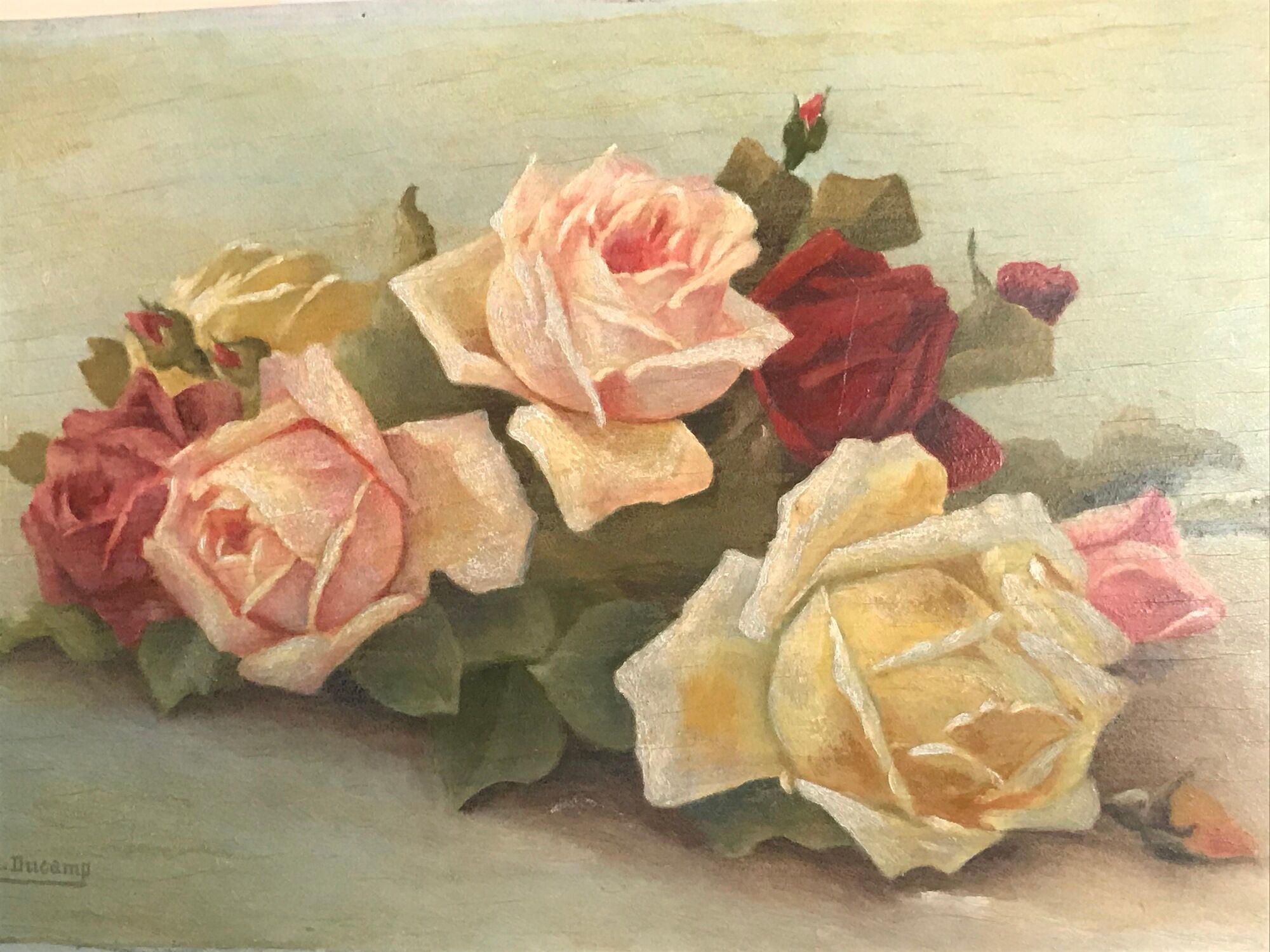 Painting oil on wood flowers bouquet of old roses 1930 signed