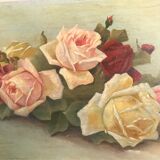 Tableau huile sur bois fleurs  bouquet de roses anciennes 1930 signé