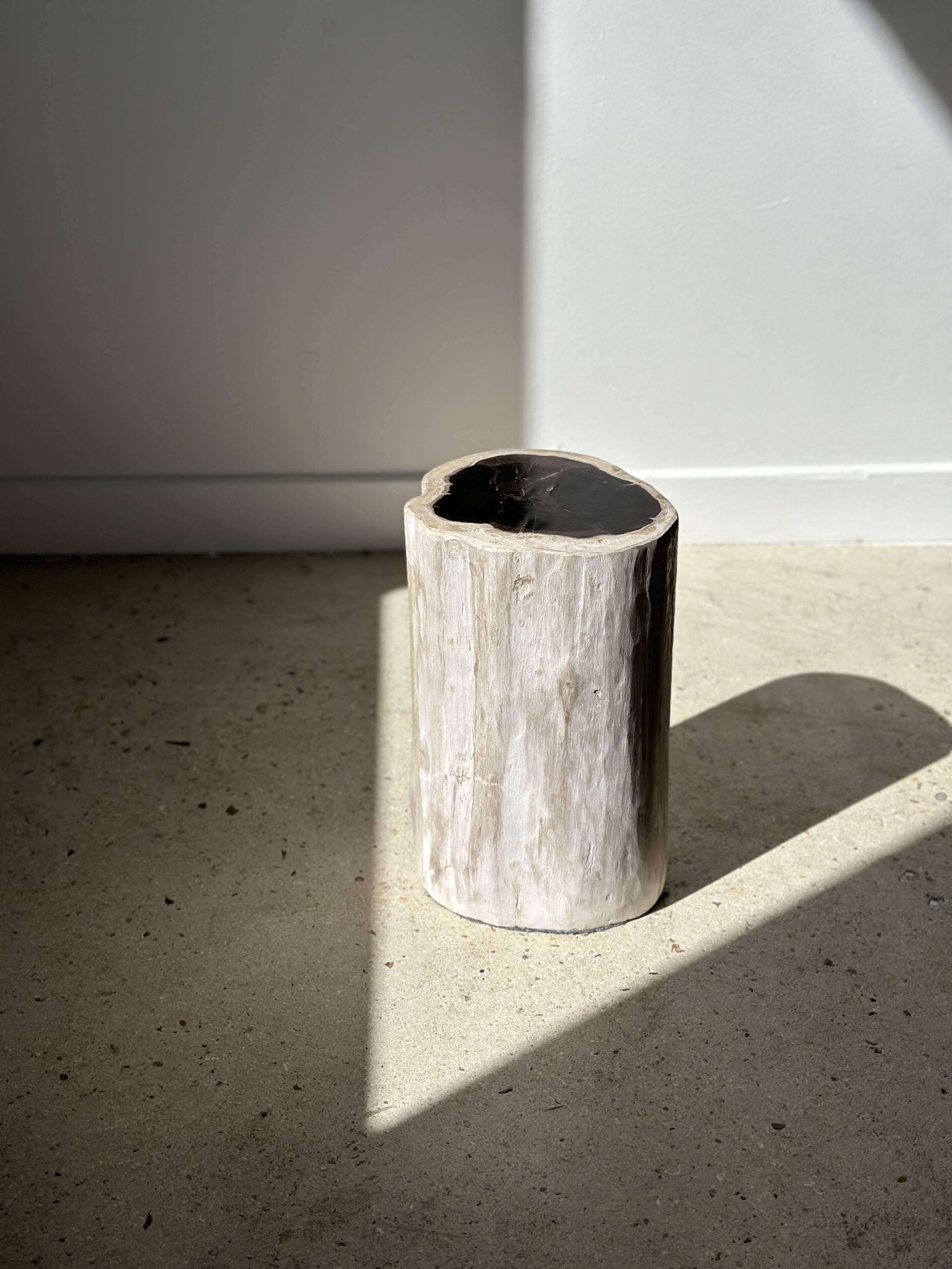 Petrified wood side table white tower black heart H:36cm D:17cm