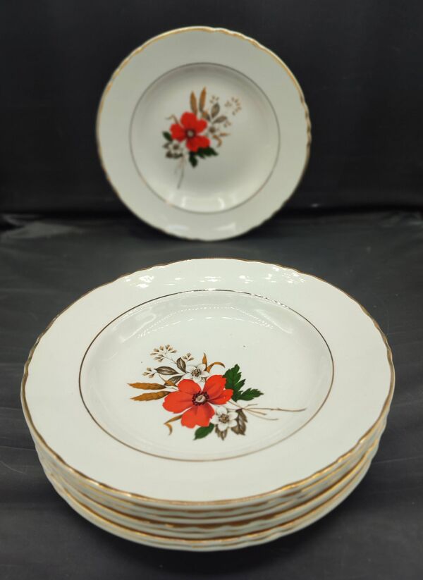 Lot de 8 assiettes + 1 plat ovale vintage Moulin des Loups Champêtre rouge