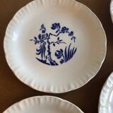 Set of 4 white Digoin flat plates with blue patterns, birds and plants, Paradis model