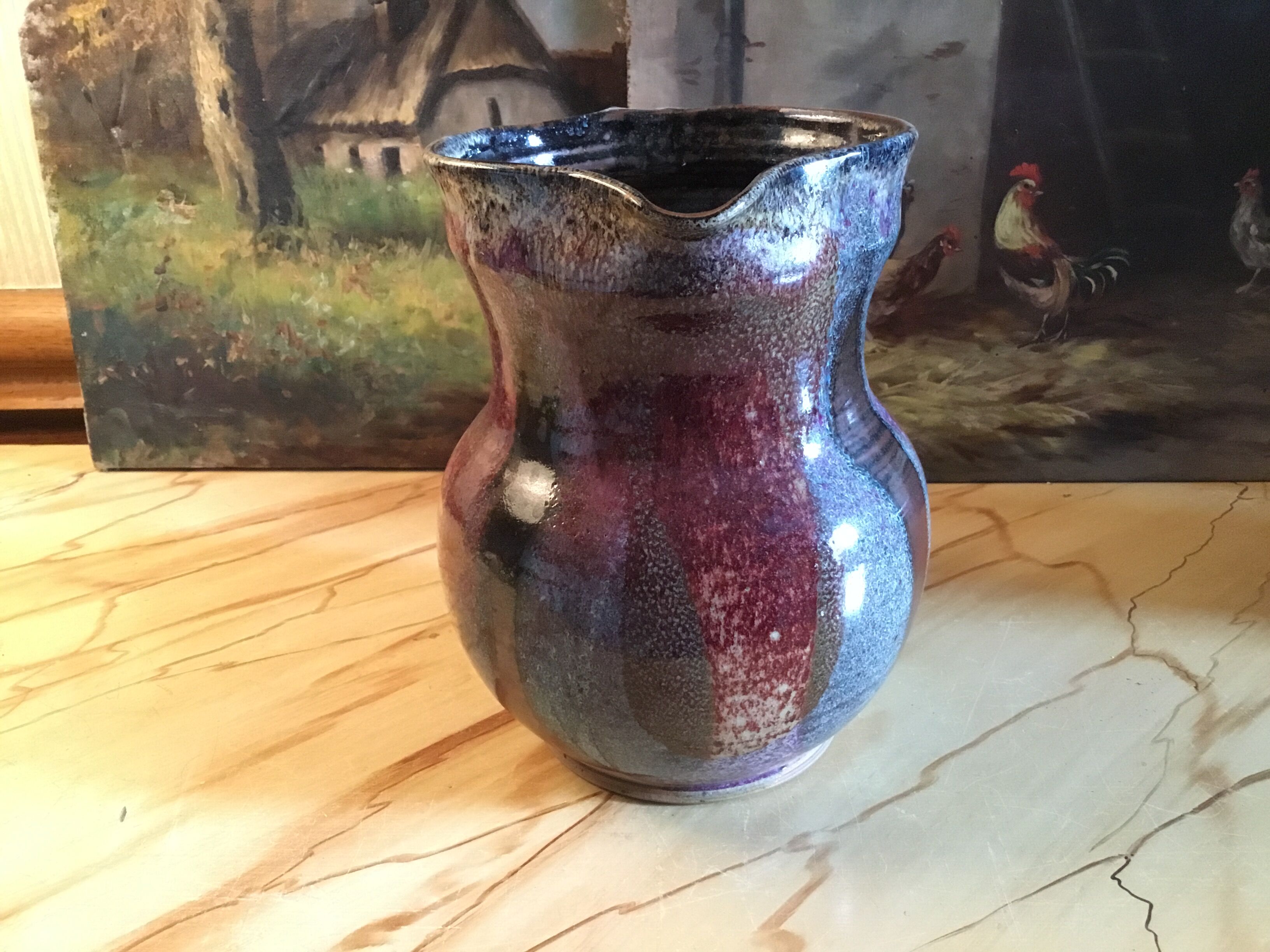 Signed varnished sandstone pitcher