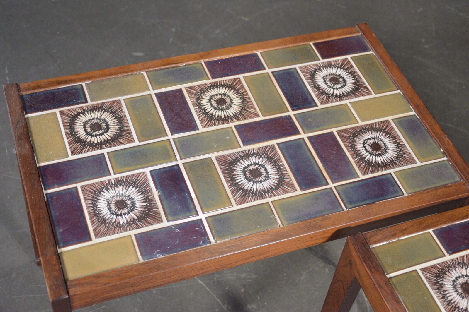 Pair of rosewood lamp tables, inlaid with coloured tiles
