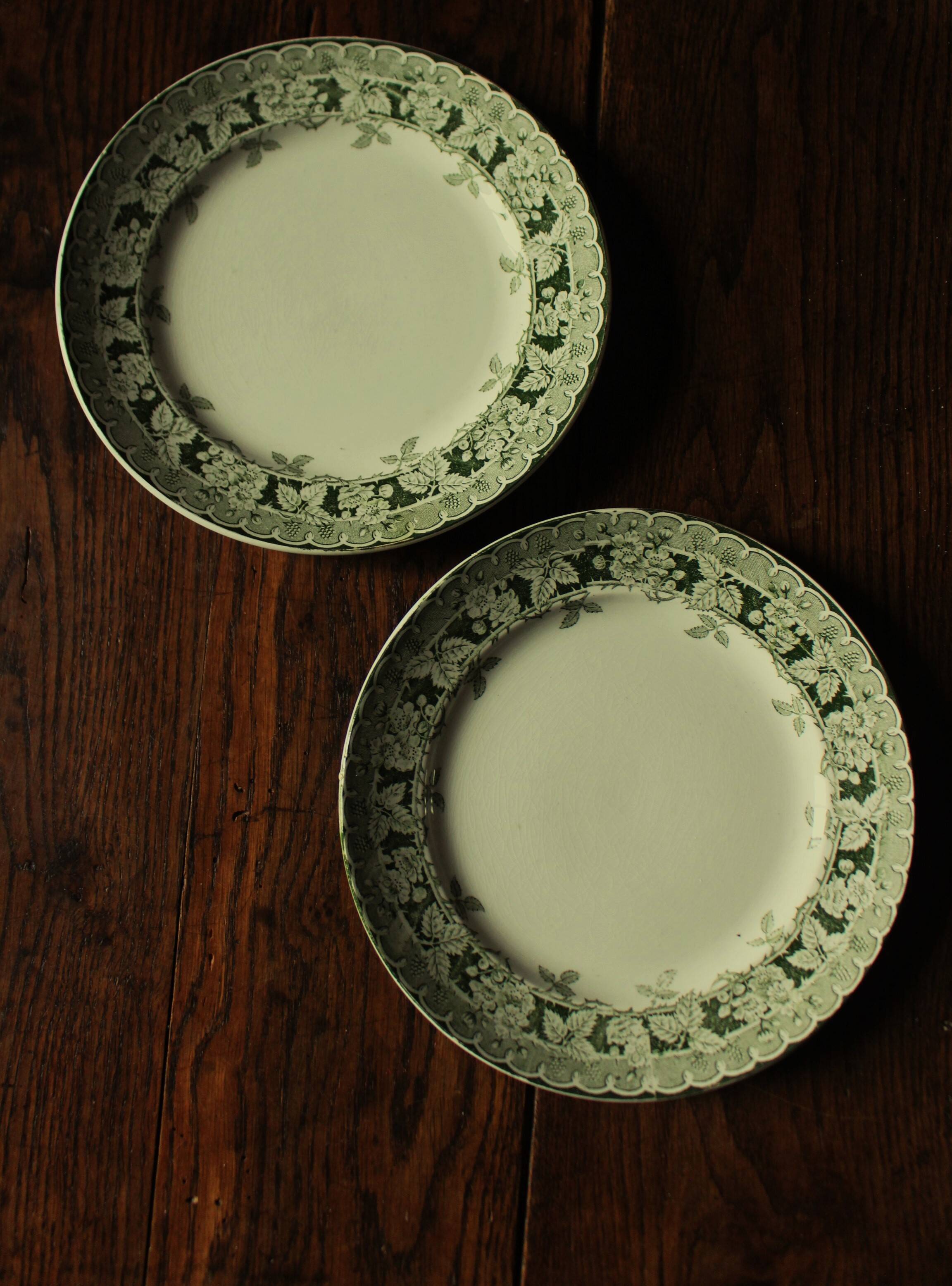 Mismatched lot 4 flat plates + small Saint Amand Terre de fer Blue Green