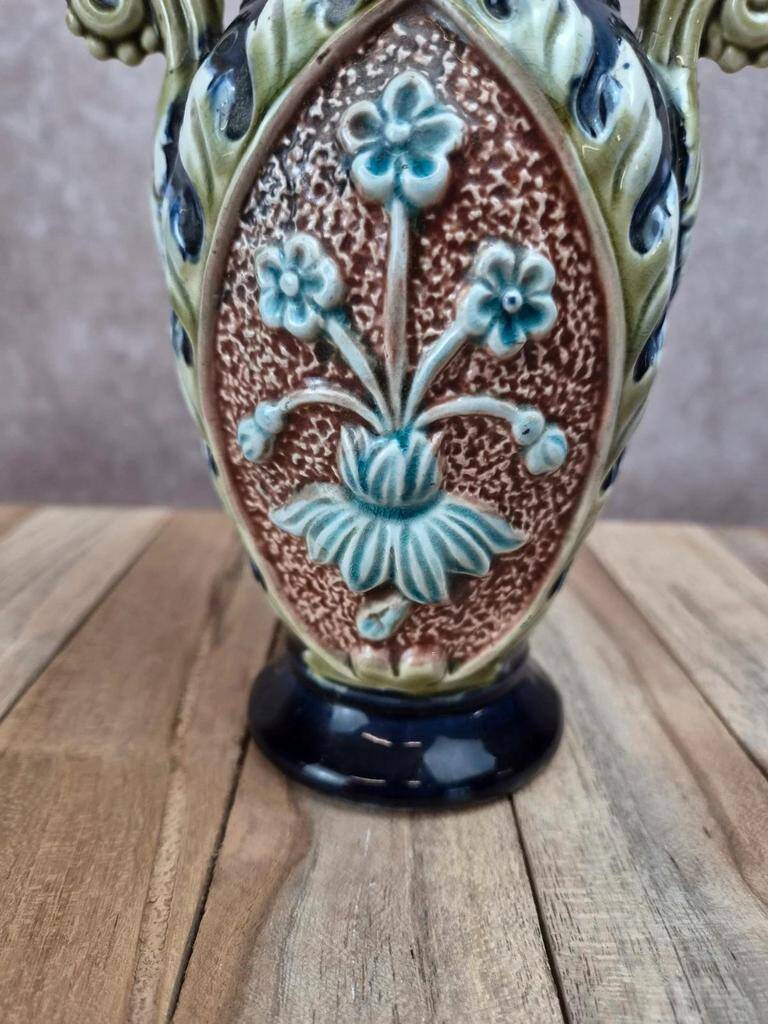 Gustave De Bruyne barbotine vase Fives Lille with an old floral decoration and stylised handles.