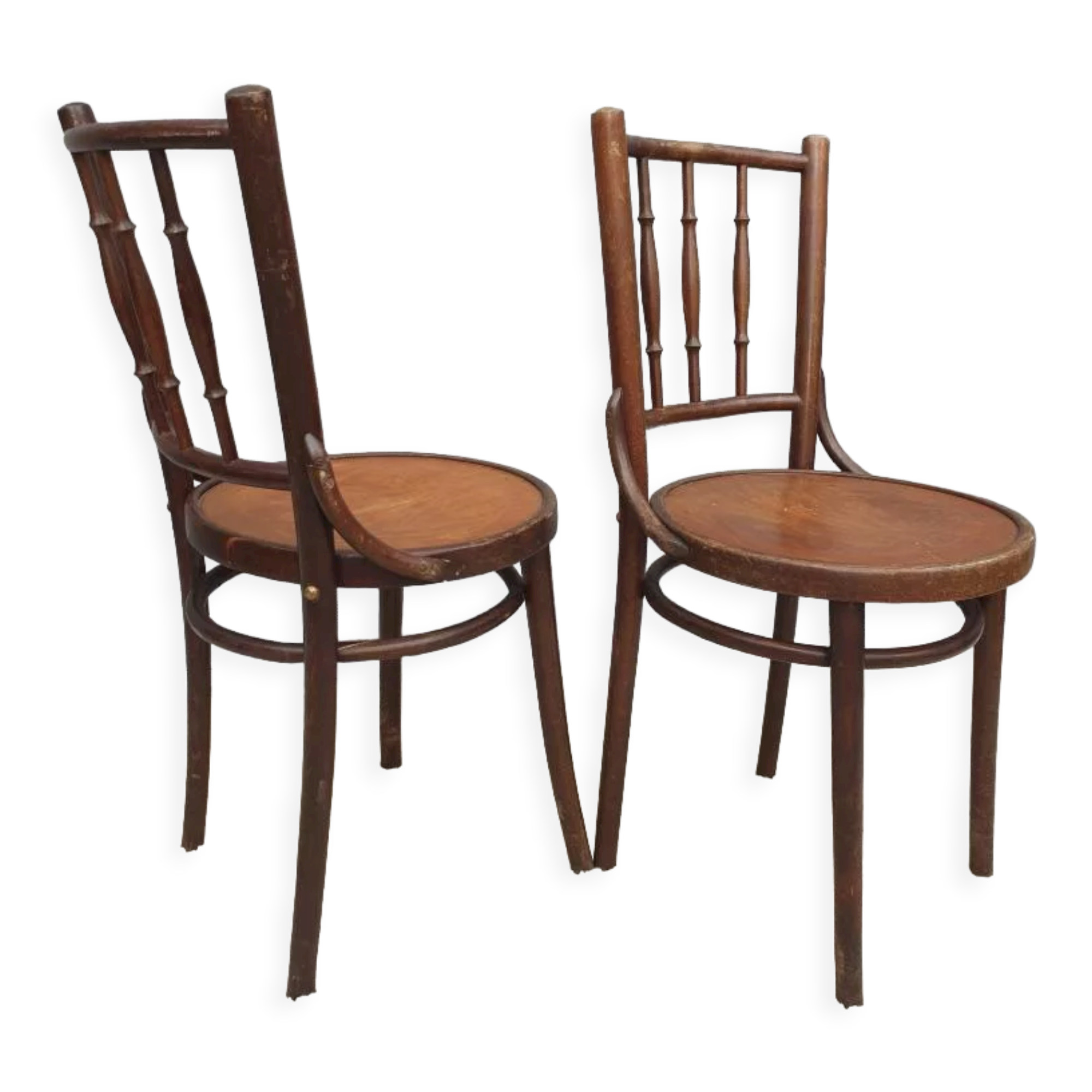 Pair chairs bistrot Thonet pyrograved design 1900 Art Nouveau