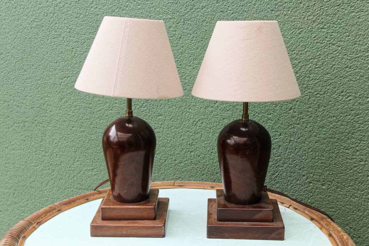 Pair of turned wooden bedside lamps