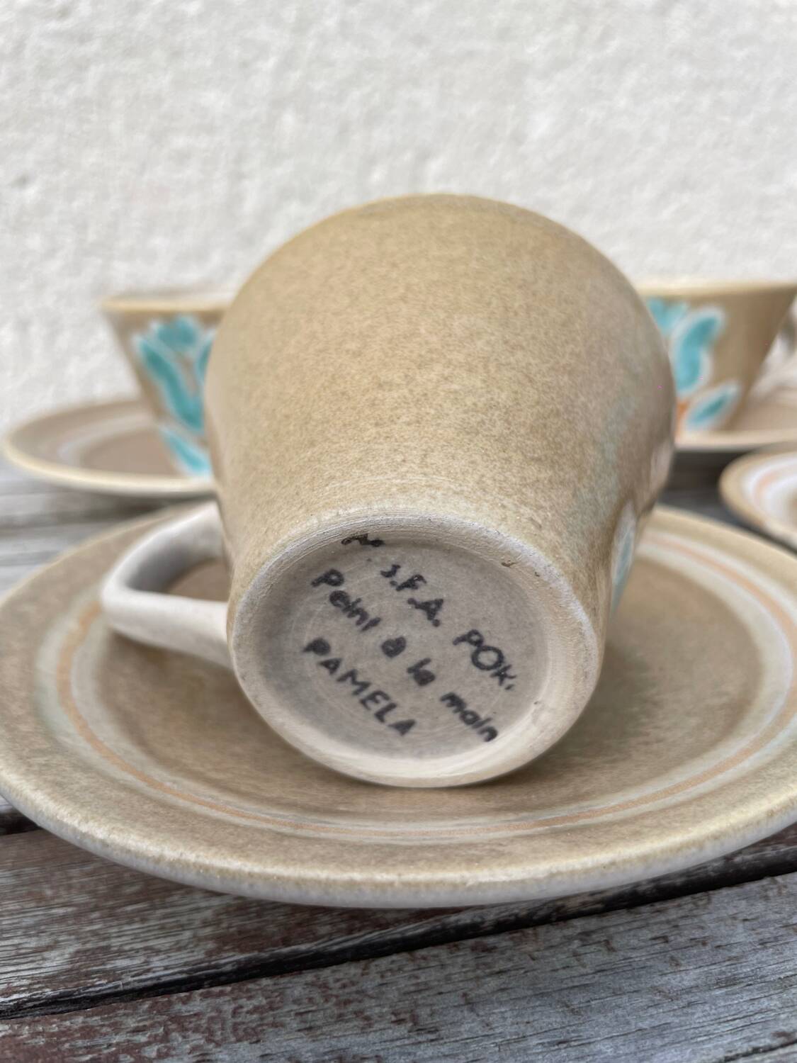 Stoneware coffee service from Pornic with turquoise flower print, 1970s-80s