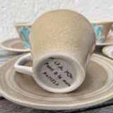 Stoneware coffee service from Pornic with turquoise flower print, 1970s-80s