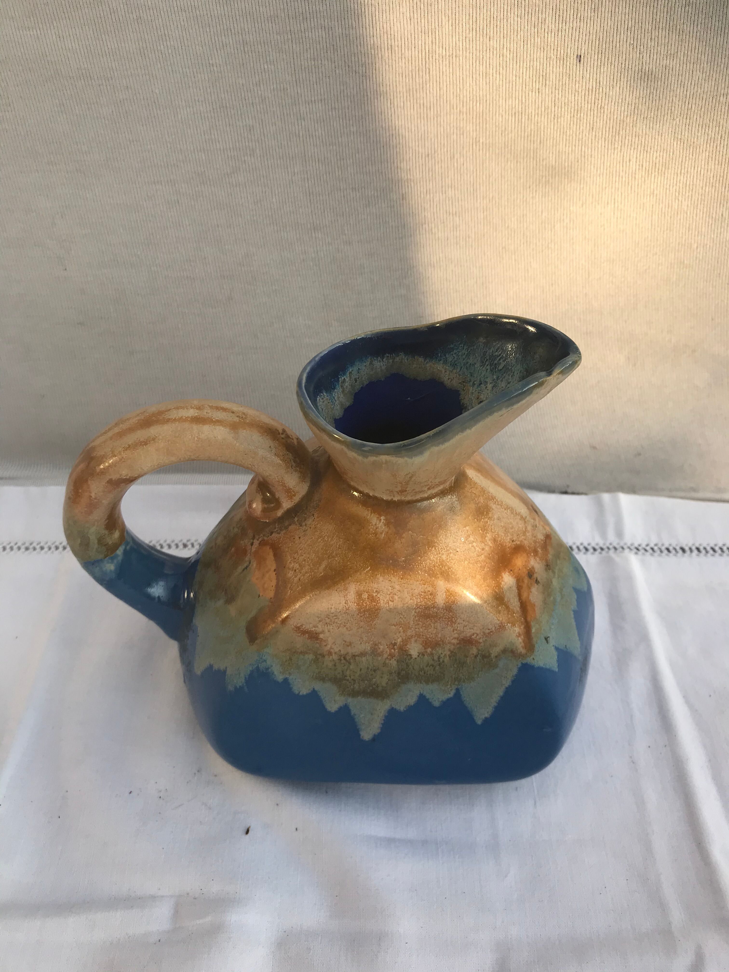 Former Art Deco Pitcher ALPHO Ceramics Enamelled Blue Beige Vintage Kitchen