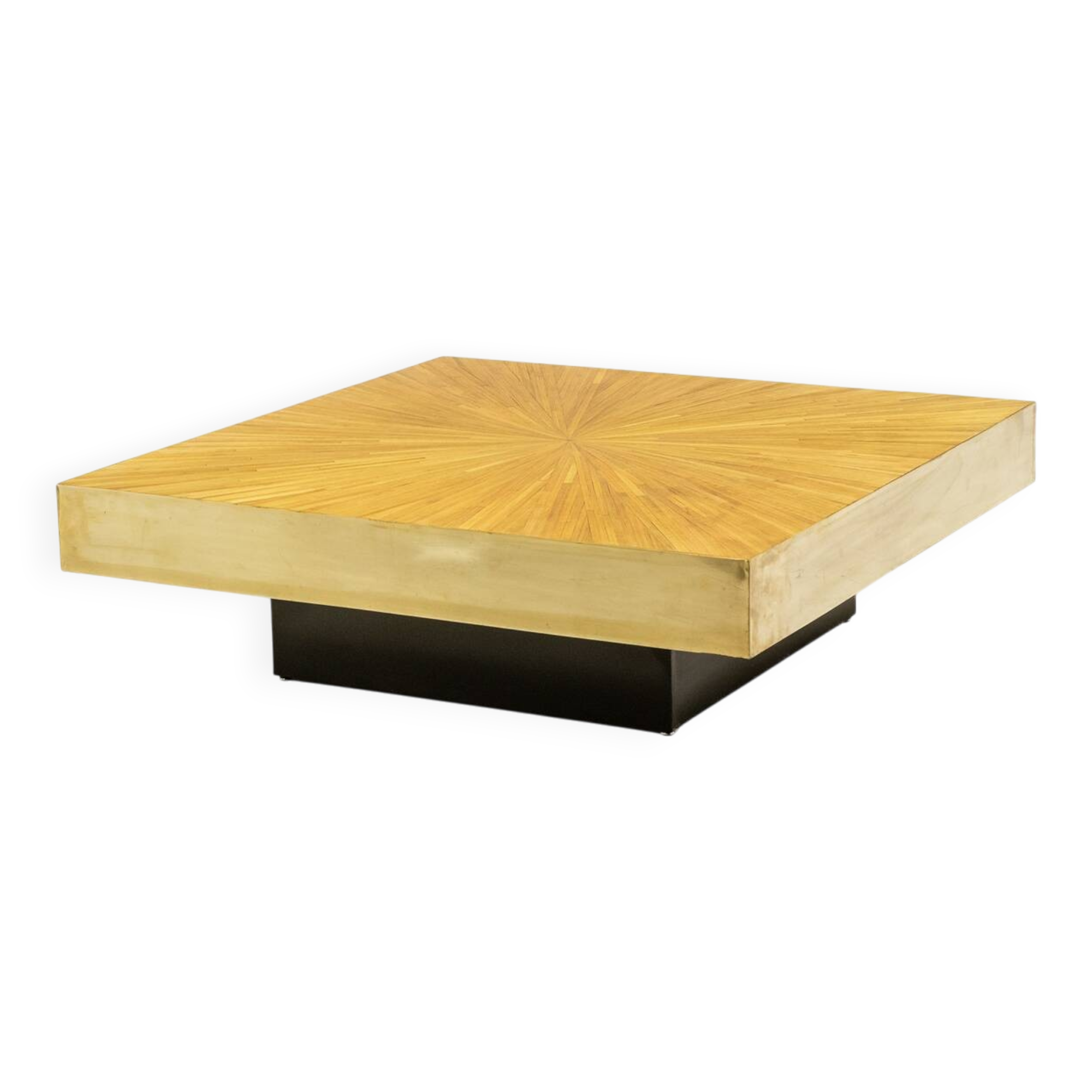 Coffee table in straw marquetry and brass. Contemporary.