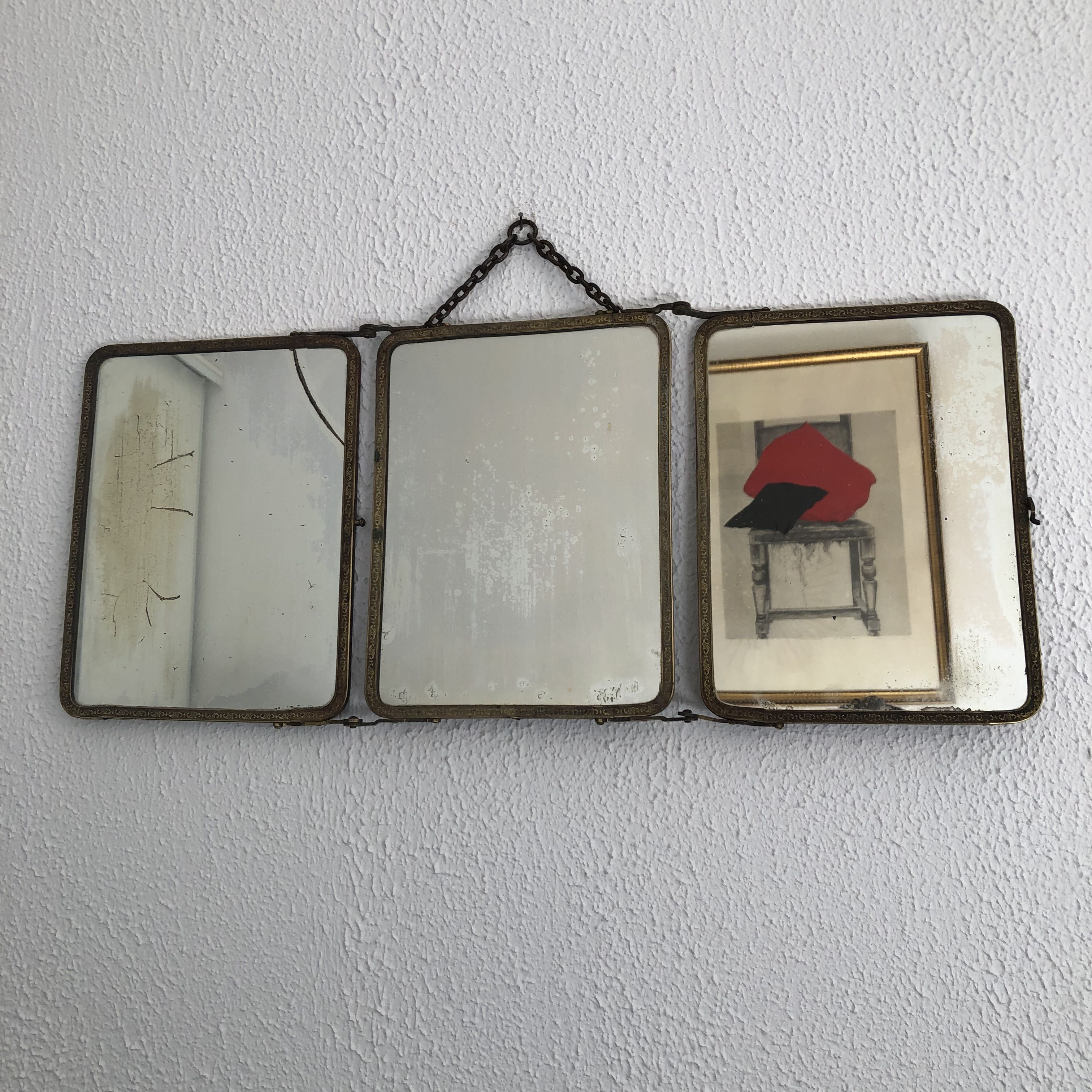 Miroir triptyque barbier doré vert anglais vintage 1930 - 24 x 57 cm