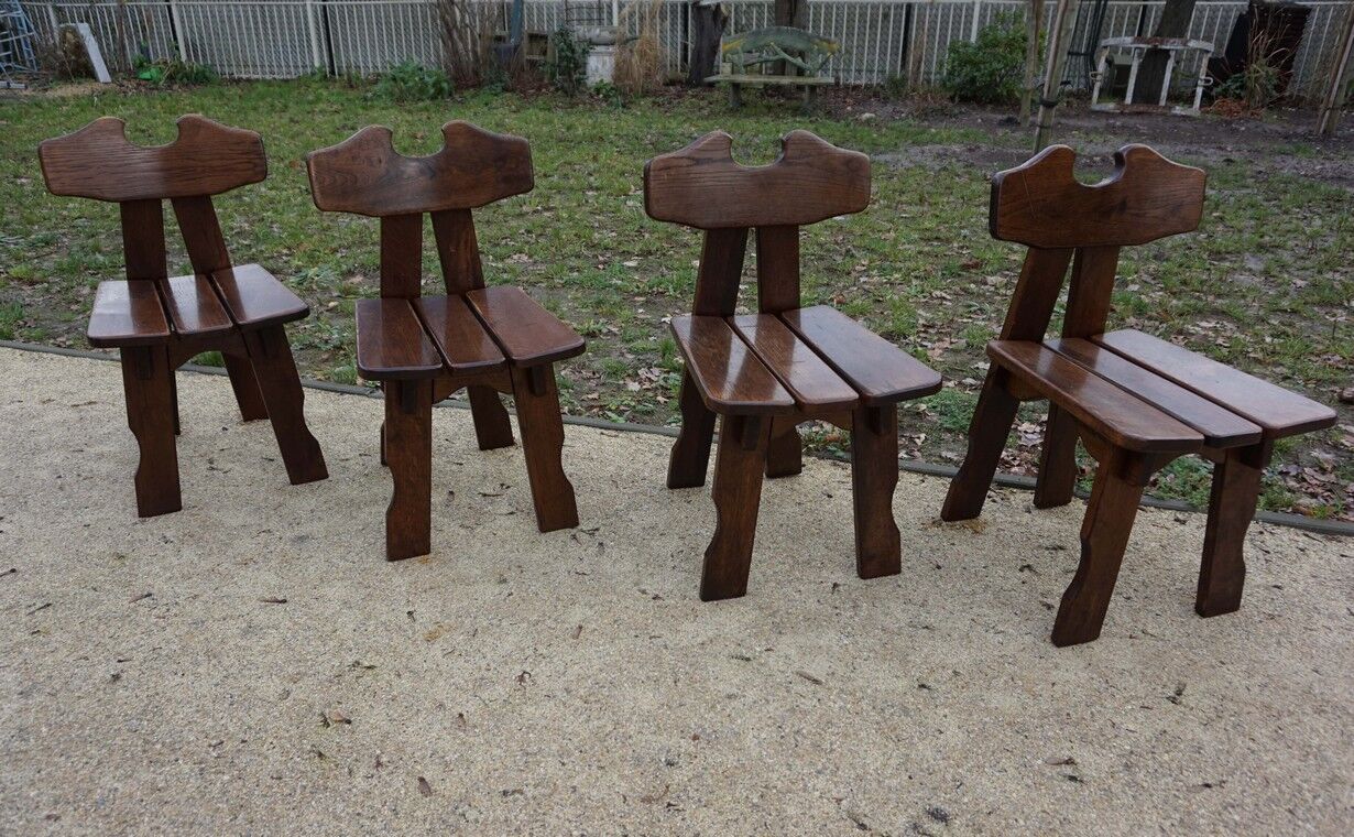 Dutch brutalist solid oak dining chairs, 1970s, set of 4