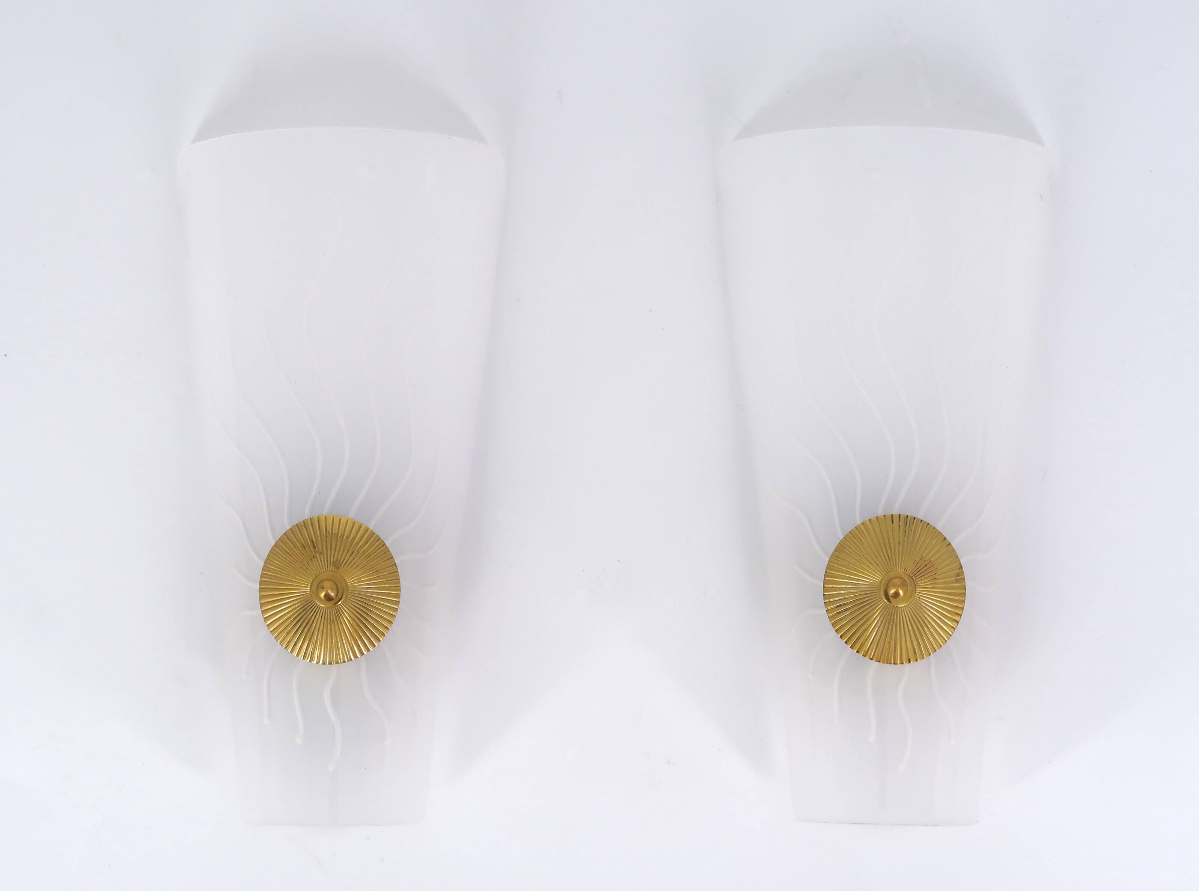 Pair of white and gold wall lights, sun decor, 1950s