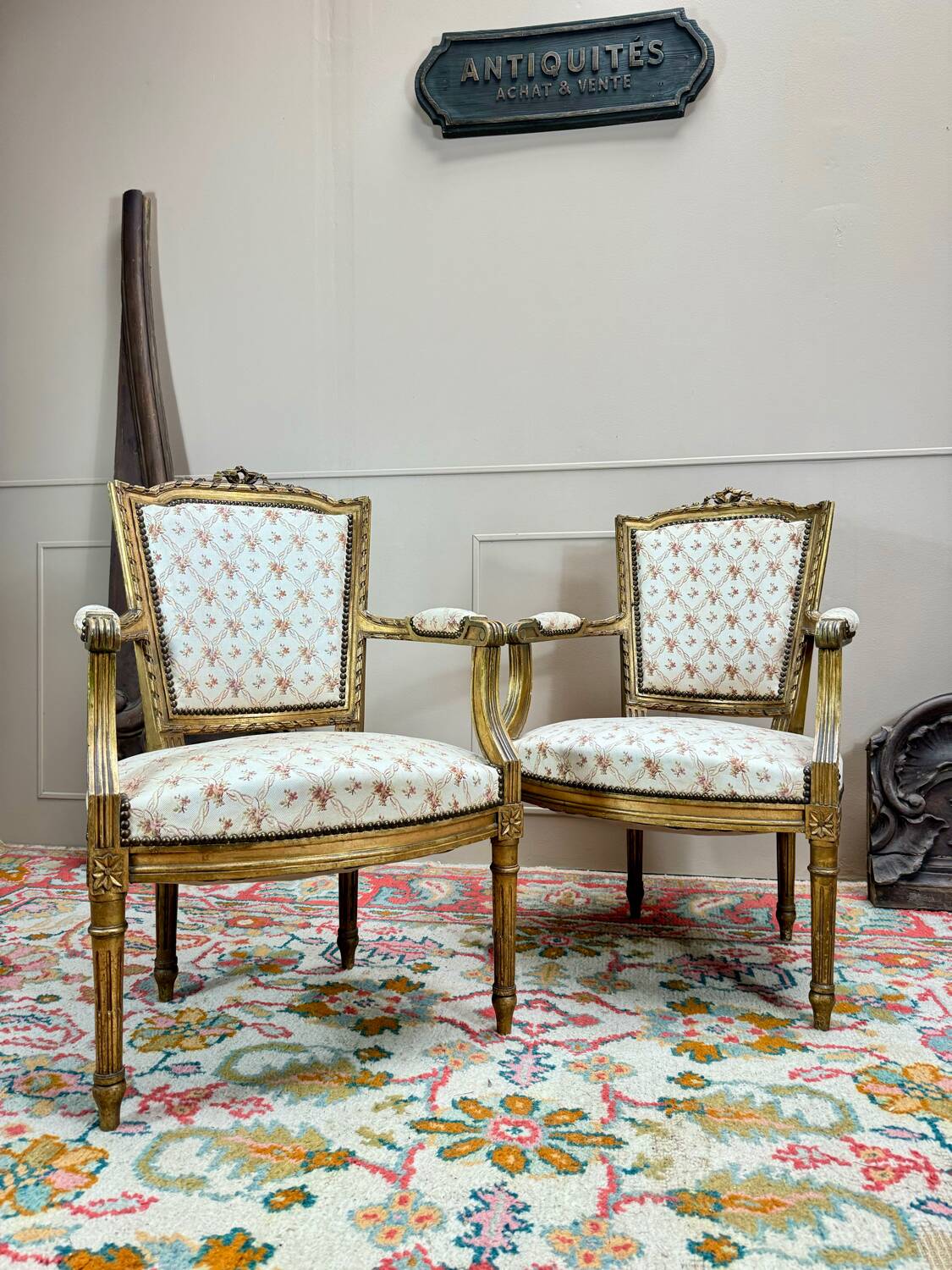 Pair of louis xvi style gilded wood armchairs, 19th century