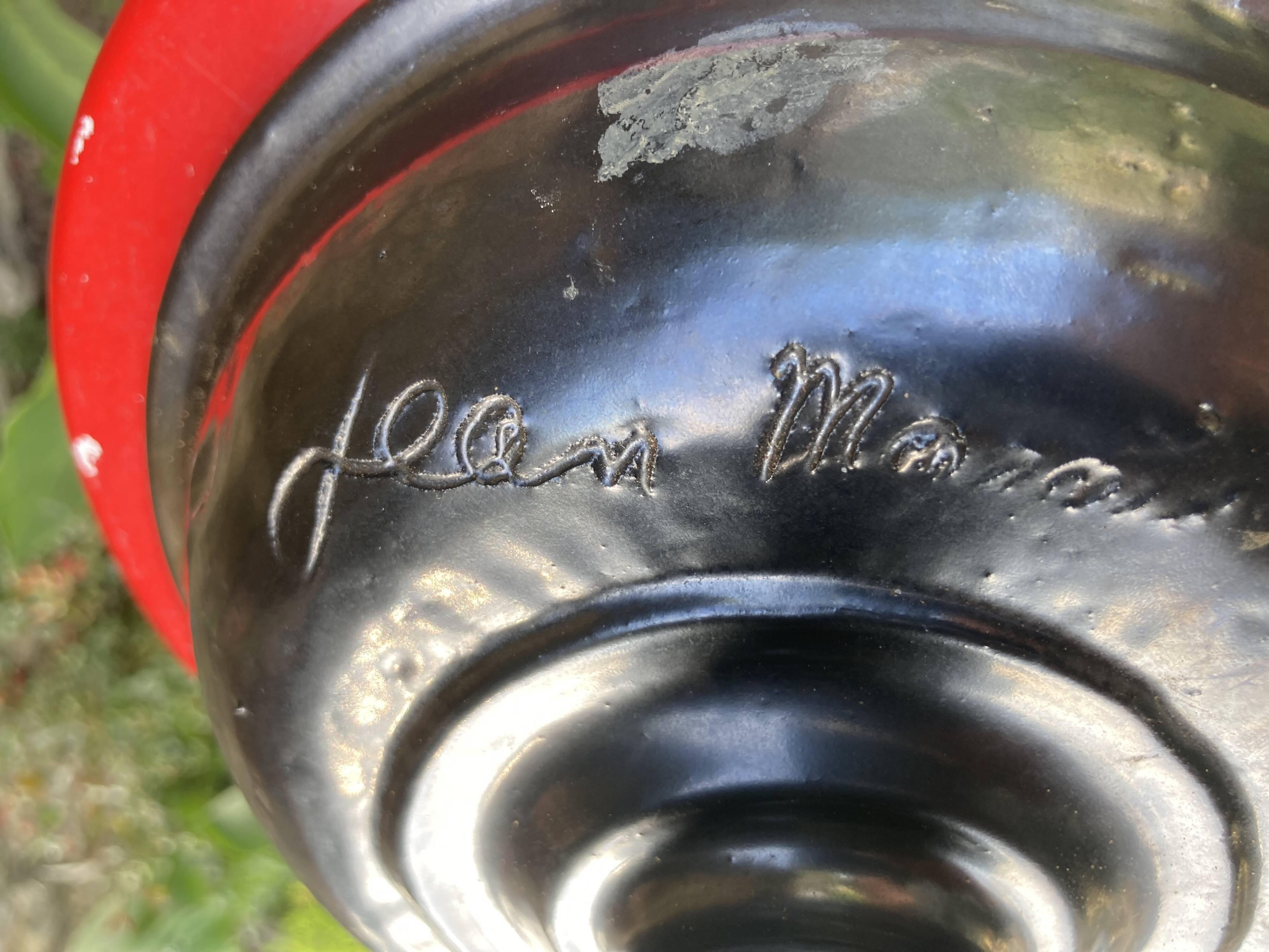 Magnificent ceramic bowl, signed jean marais, black enamel