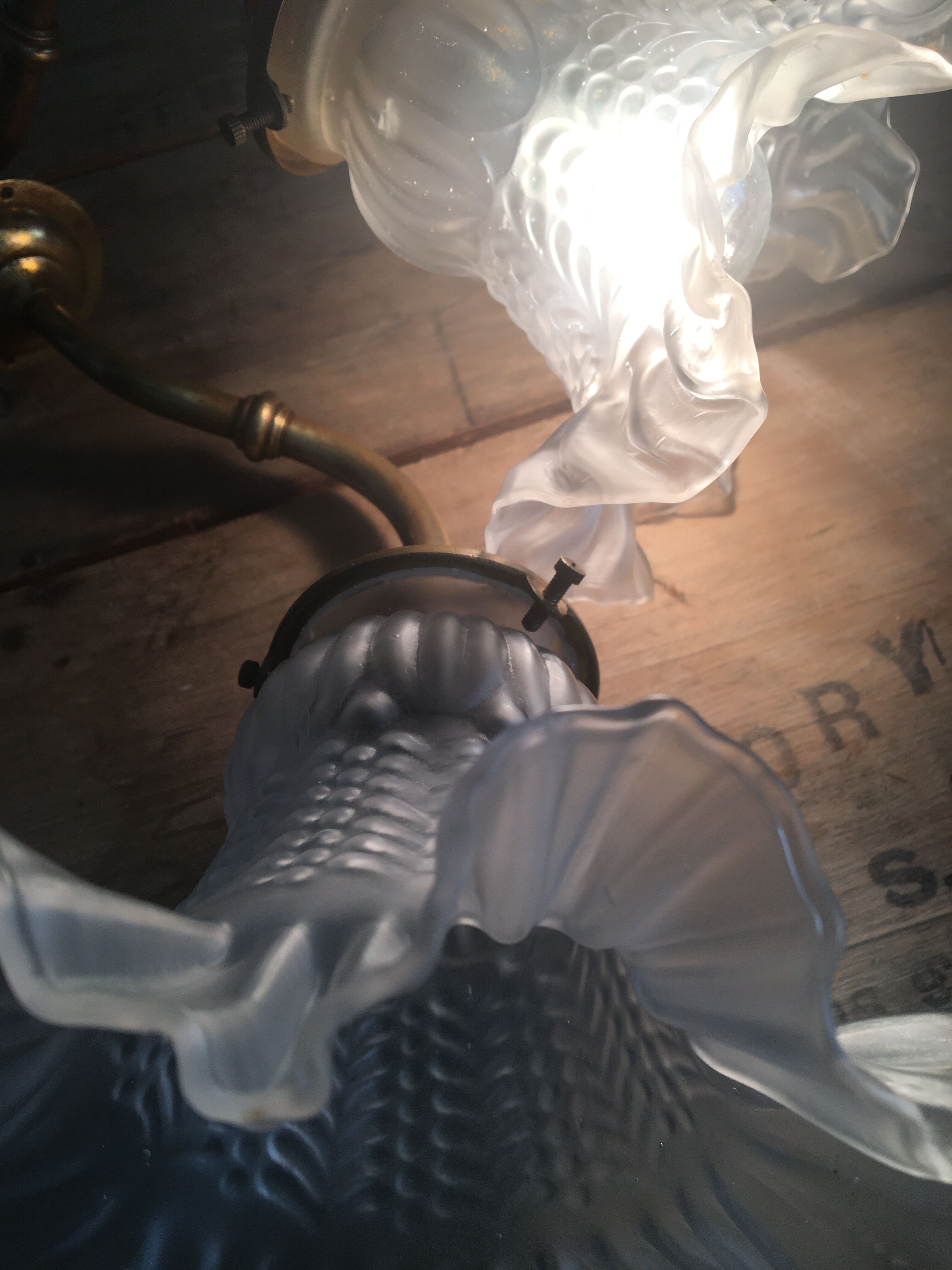 Glass wall light and brass swan collar, 1900