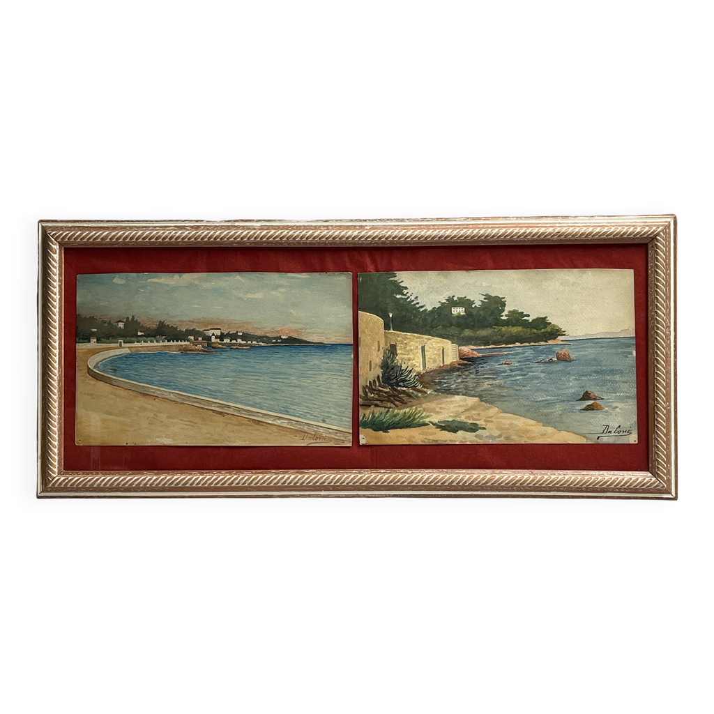 Daloni, paire aquarelles bord de mer méditerranée encadrement XXème ...
