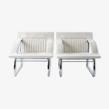 Pair of De Sede Armchairs in White Leather and Steel, Switzerland 1970's