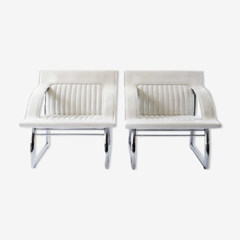 Paire de fauteuils De Sede en cuir blanc et acier, Suisse années 1970