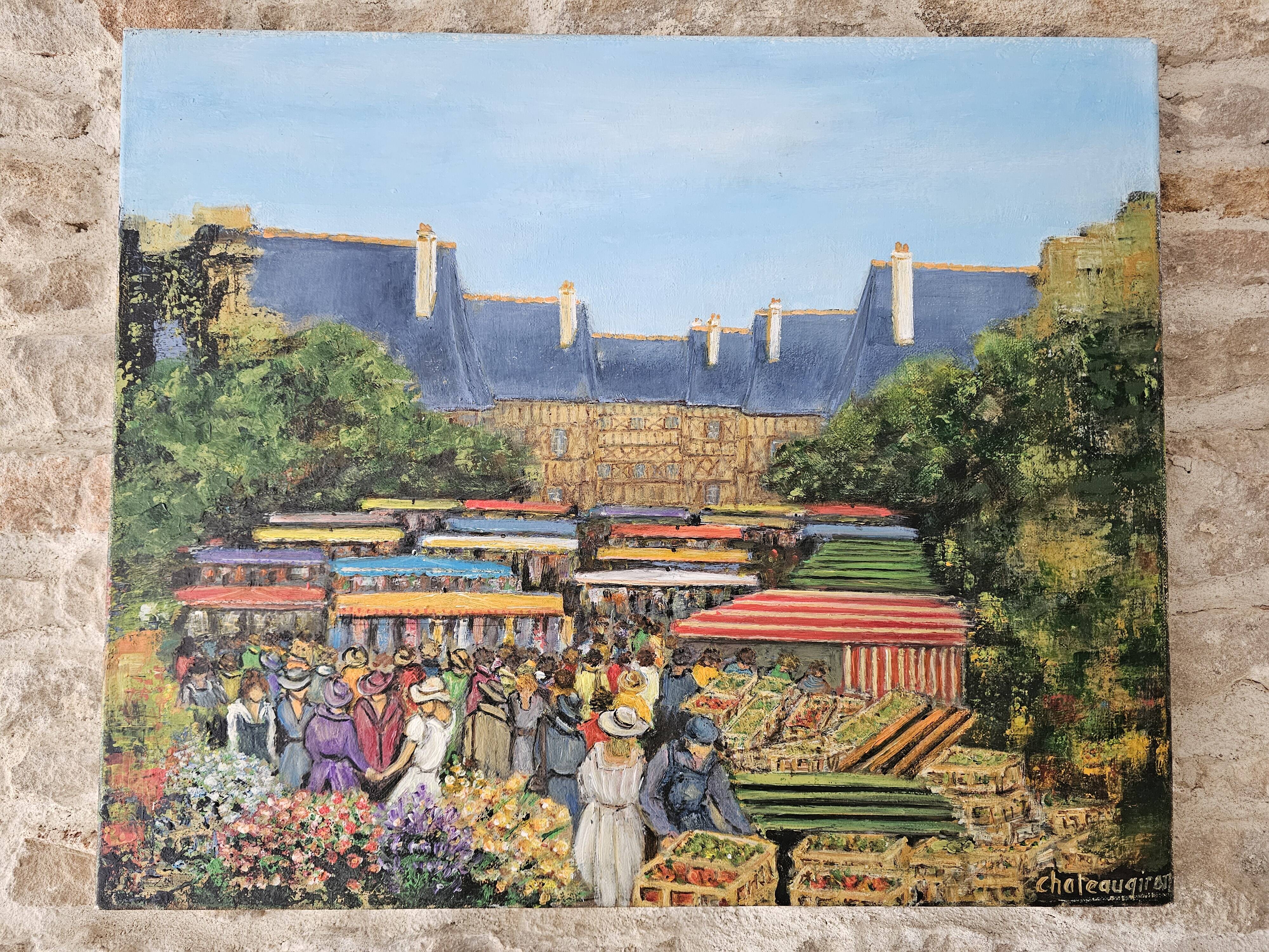 Tableau Huile sur Toile - Paysage marché Breton Signé Chateaugiron