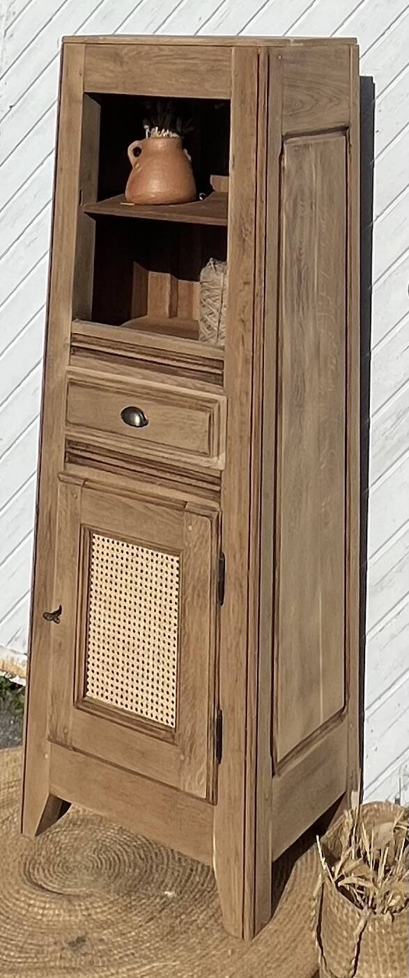 Antique bonnetière in solid raw oak and canework - compass feet