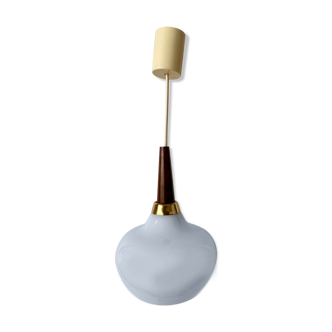 Scandinavian wooden and white opaline hanging lamp