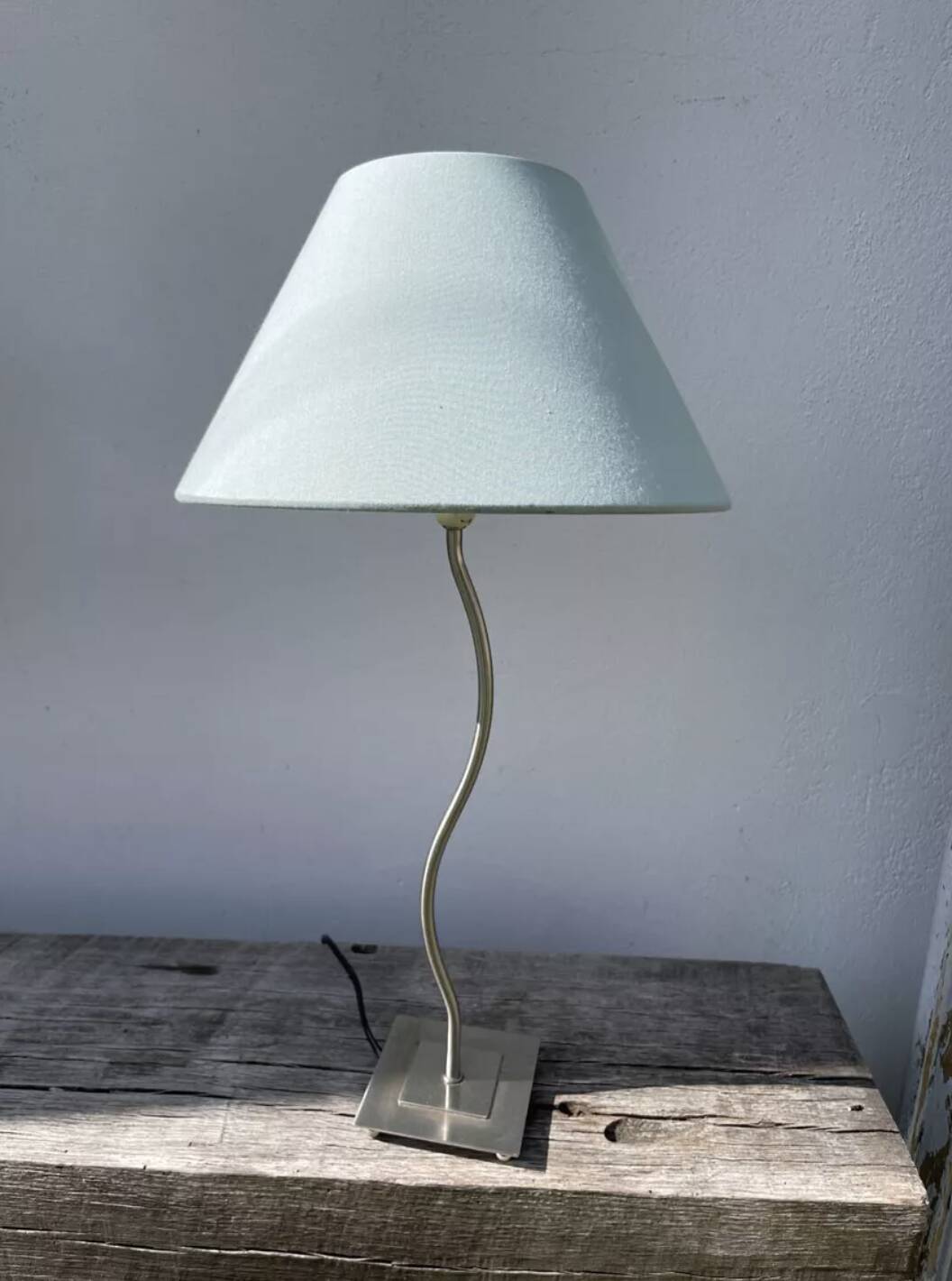 Pair of lamps with wavy metal base and blue lampshade 2000