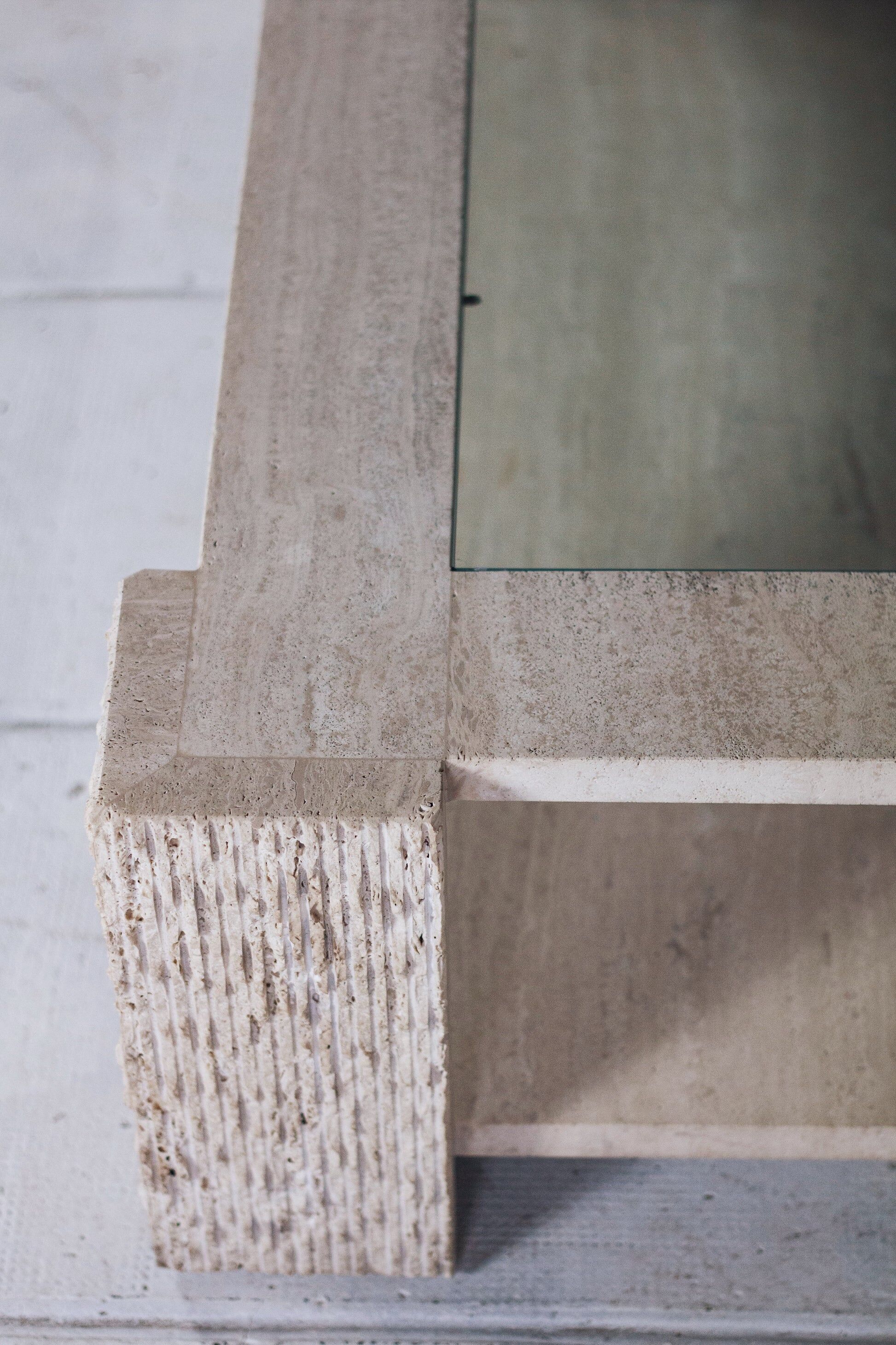 Coffee table in travertine and glass by Claude Berraldacci