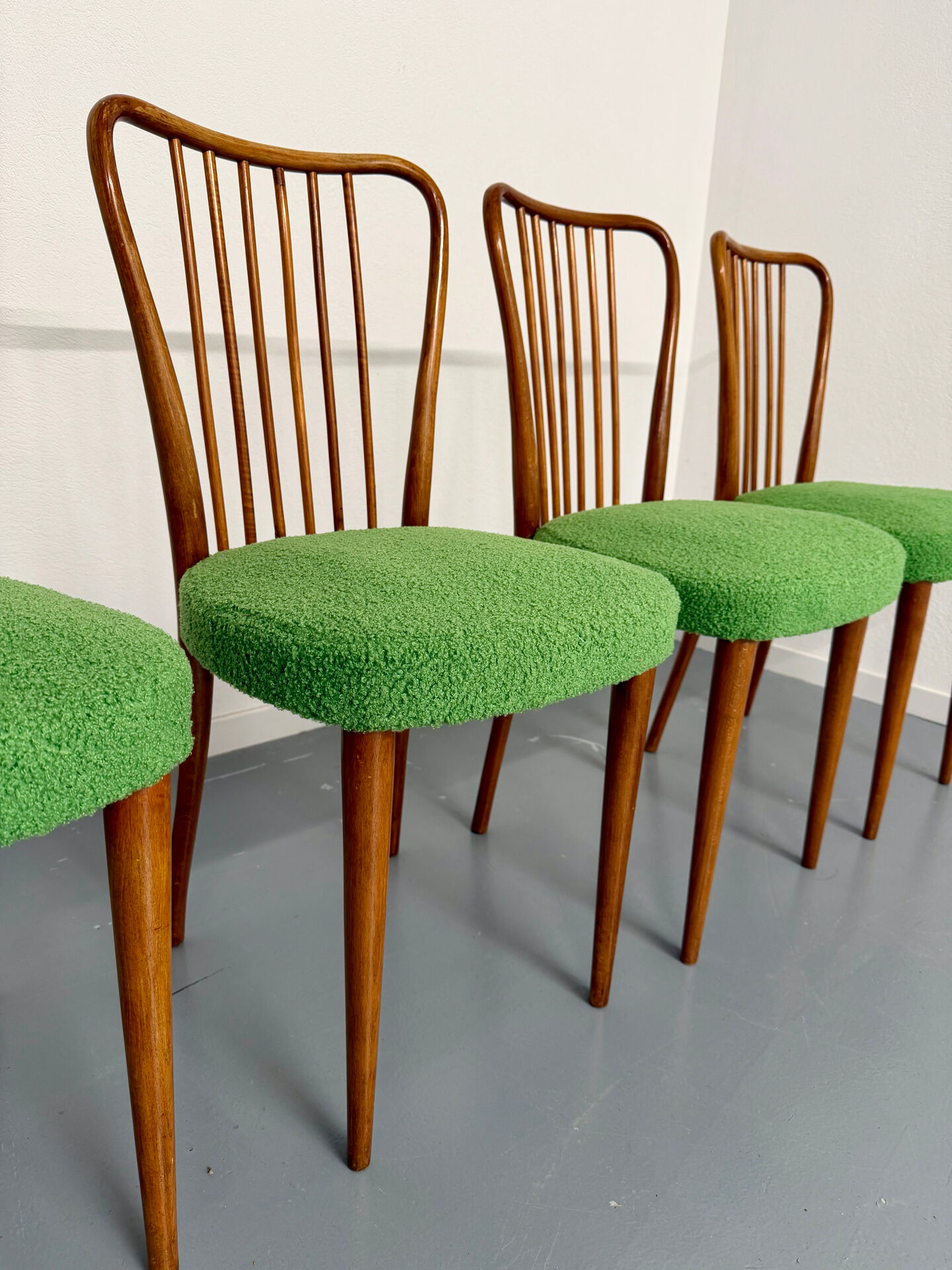 Set of 6 wooden chairs with boucle upholstery, French design by Charles Ramos.