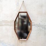 Specchio da parete ottagonale in legno massello e pelle, anni '50