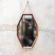 Miroir mural octogonal en bois massif et cuir, années 1950