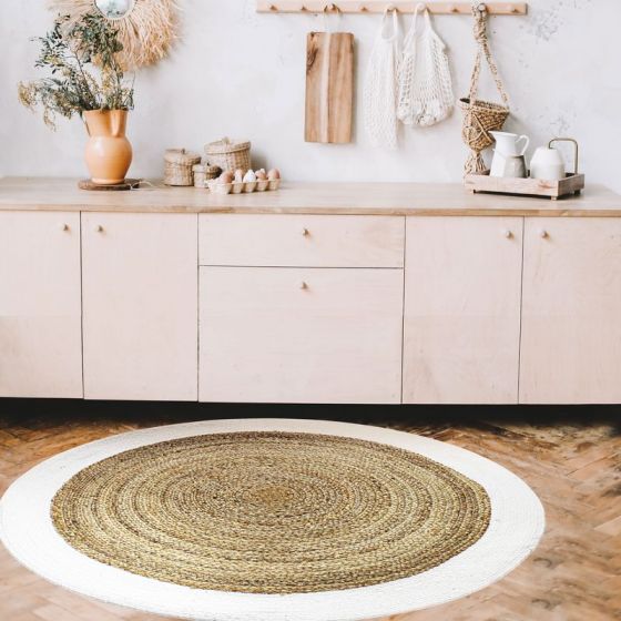 Round carpet in beige white jute 160 cm