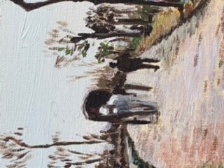 Canvas on village scene frame signed vintage Denise