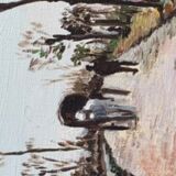 Canvas on village scene frame signed vintage Denise