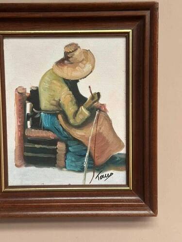 Original Swedish Oil on canvas “Basket-Making Woman” Signed & Framed 27×33cm