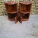 Corner bedside tables, in walnut